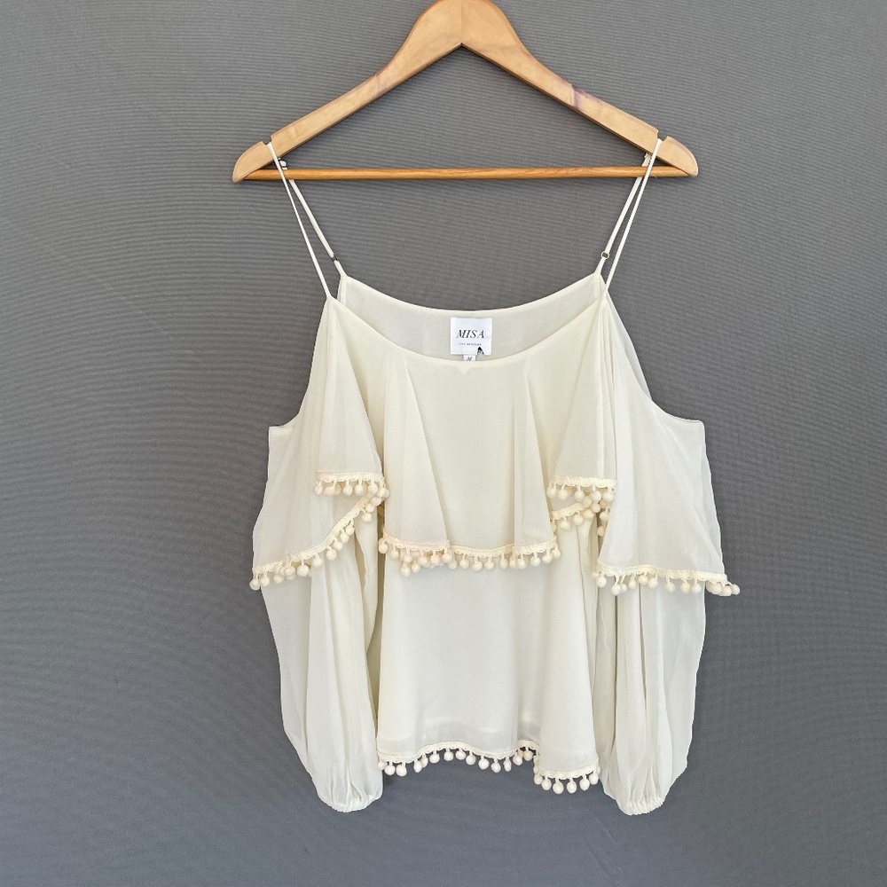 MISA Los Angeles Women's Medium Ivory Romantic Cold Shoulder Layered Blouse